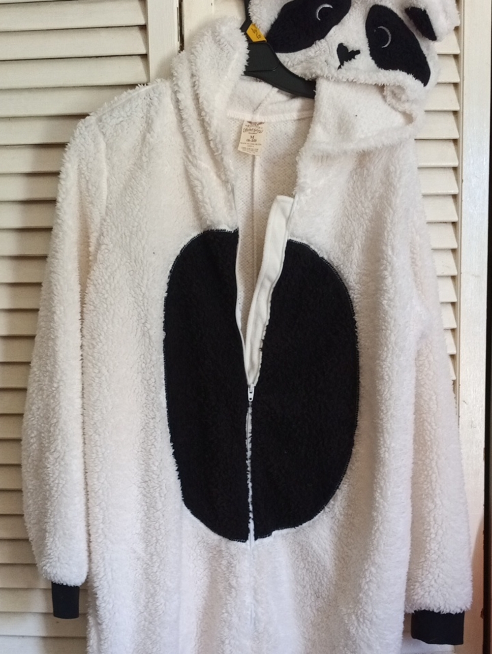 Faded Glory White Teddy Jumpsuit with Black Panda Patch Hood